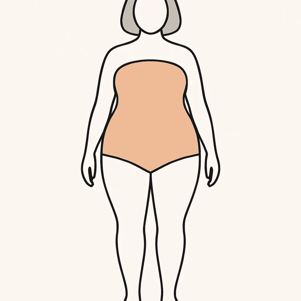 Wedding dress mockup in apple body shape silhouette with fuller waist and balanced bust and hips, wedding dress silhouette guide