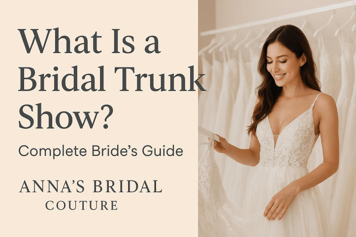 Elegant bridal boutique setup showcasing designer wedding gowns on display for a trunk show event, representing Anna’s Bridal Couture.