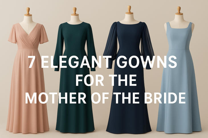 Seven elegant mother of the bride gowns in various styles and colors, displayed in a