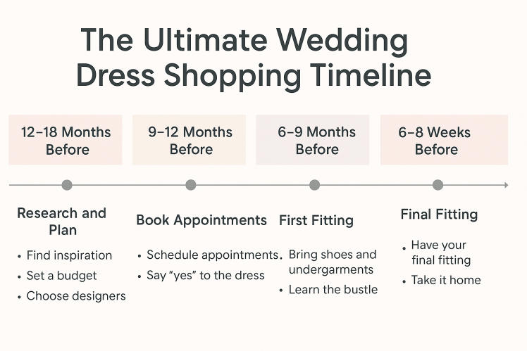 Infographic showing a wedding dress shopping timeline, from 12–18 months before the wedding (research and plan) to 1–2 weeks before (final fitting and pickup), highlighting key milestones like booking appointments, choosing a gown, and scheduling fittings for brides.